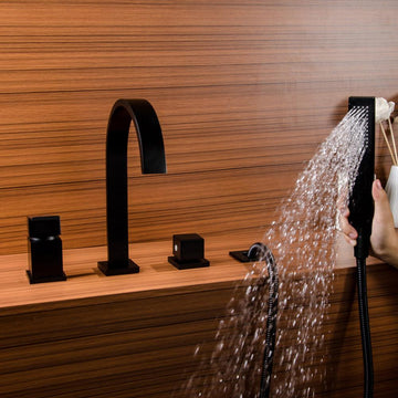 Waterfall Spout Deck-Mount Roman Tub Faucet with Hand Shower in Matte Black Solid Brass